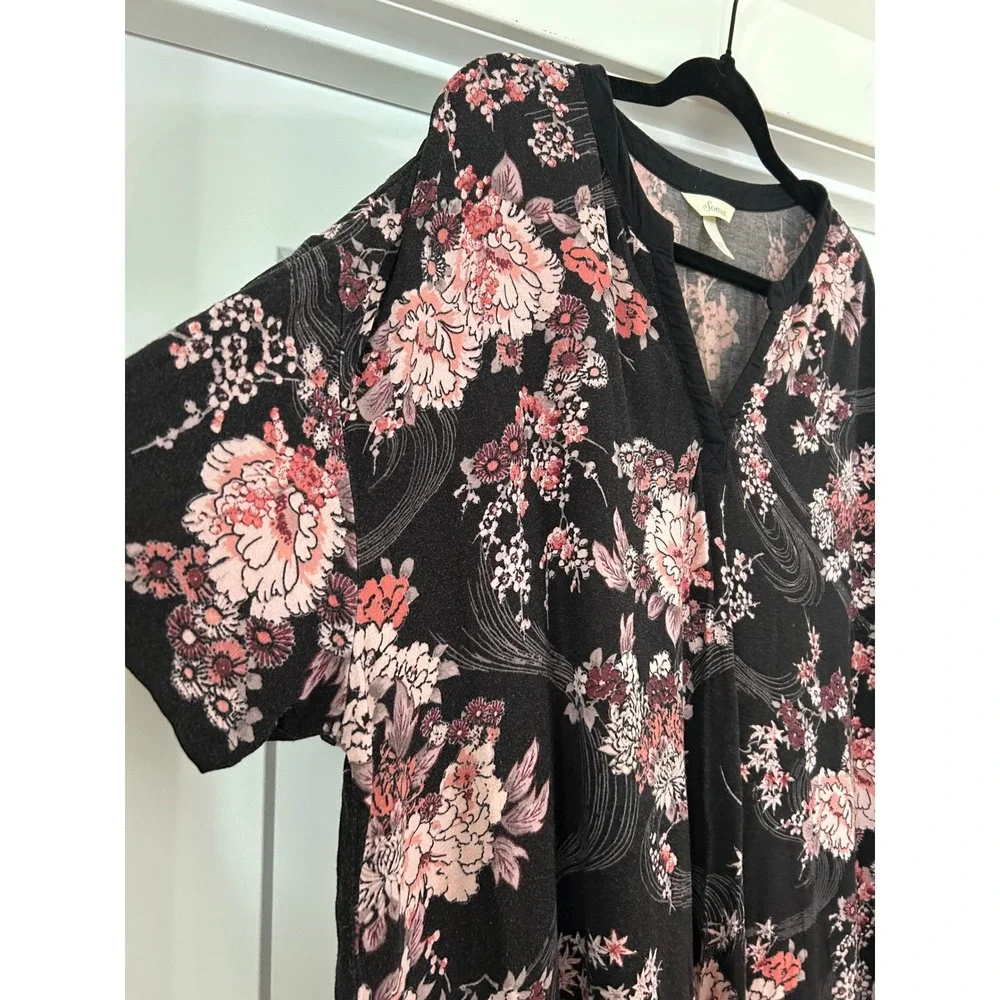 Soma Cool Nights Intimates Womens XL Black Pink Floral Short Sleeve Sleep‎ Shirt